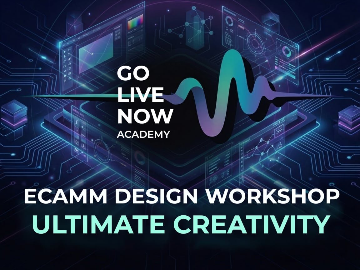 Ecamm Live interface on a wide monitor in a professional Mac-based studio setup