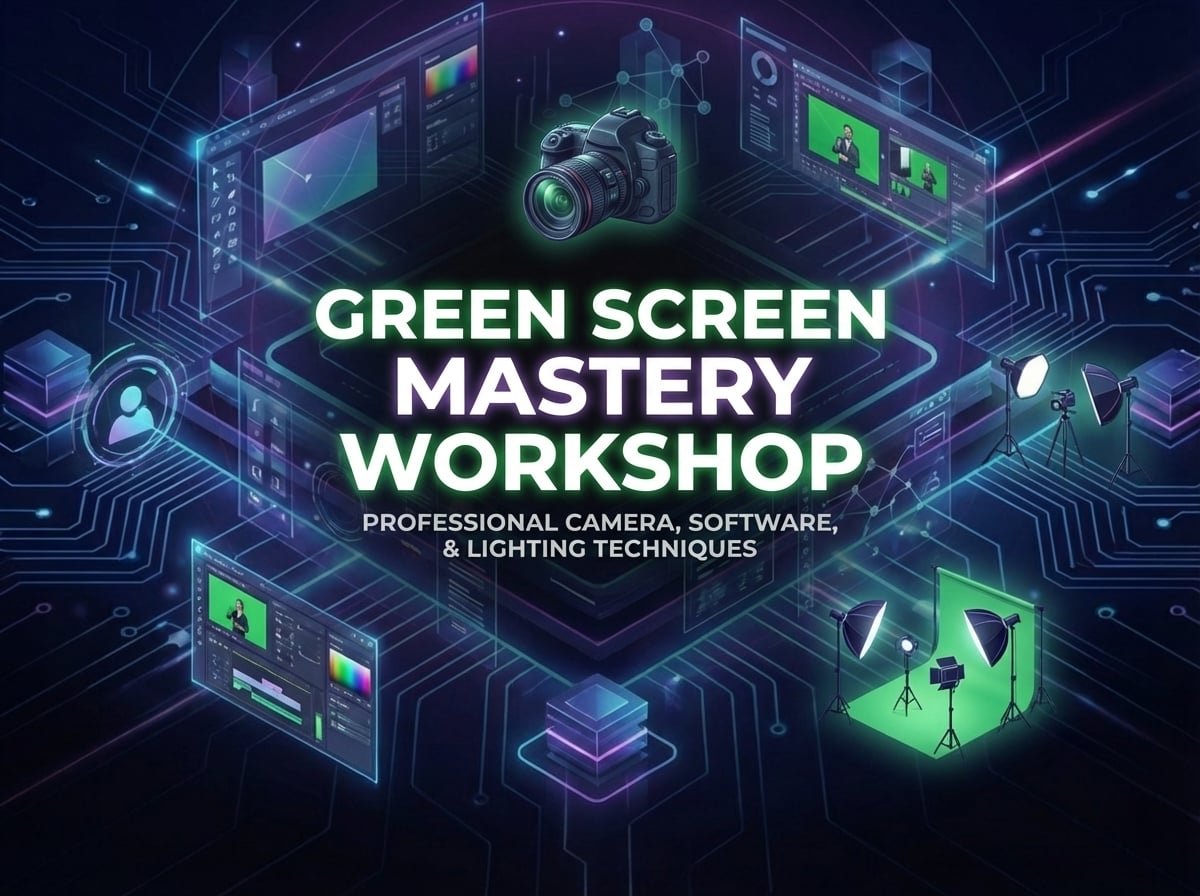 A person standing in front of a bright green screen in a professional studio